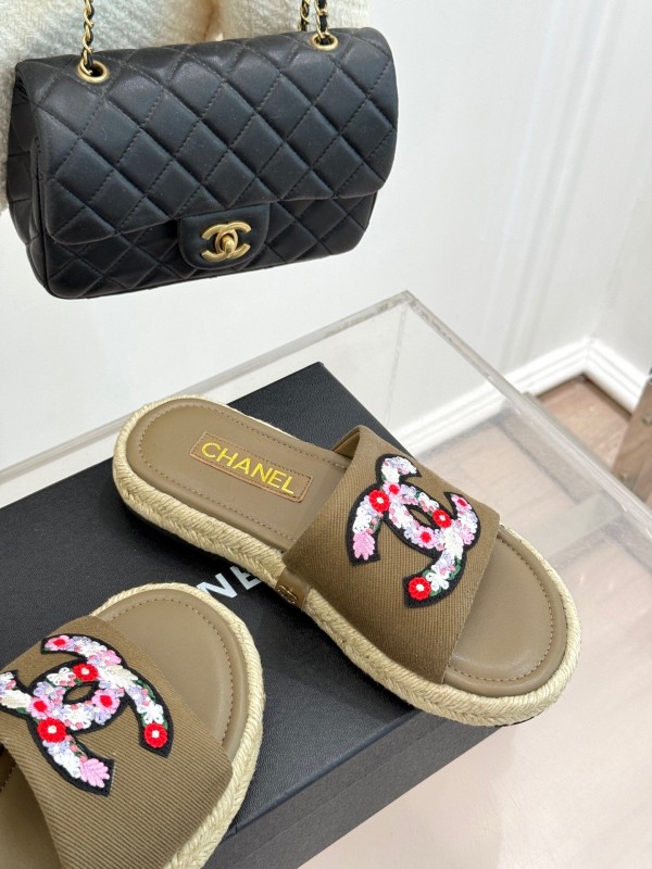 2025 Women Chanel Khaki Embroidered Lambskin Slippers KFY00230