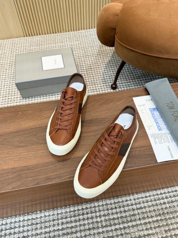 2025 Men TOM FORD Brown Black Leather Sneakers LY00360