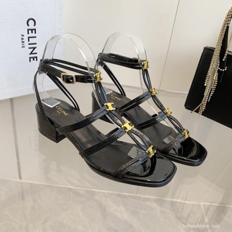 2025 Women Celine Black Patent Leather Sandals