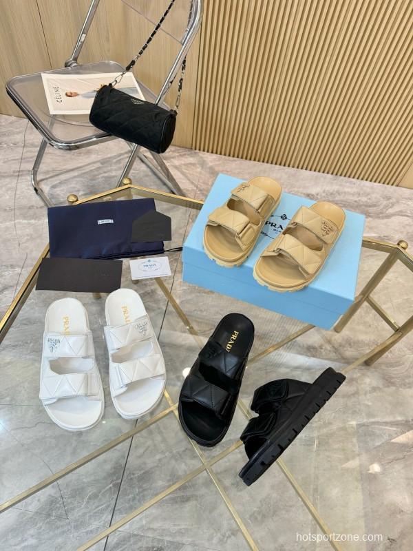 2025 Women Prada Beige Leather Sandals LY00270