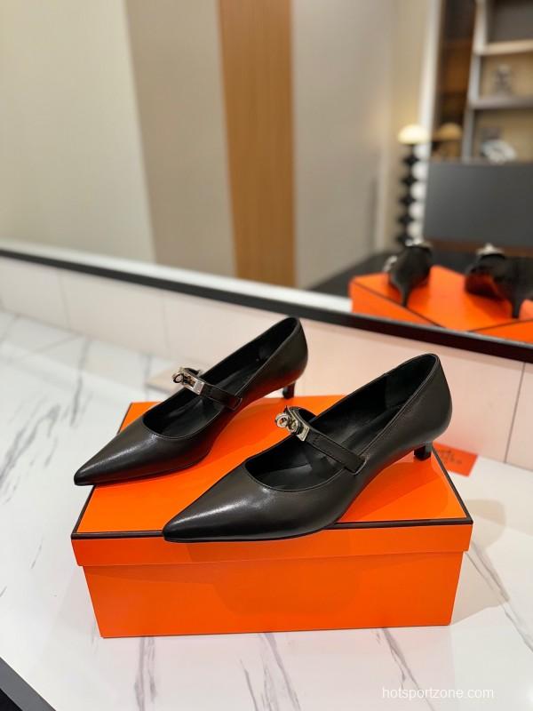 2025 Women Hermès Black Calfskin Leather Mary Jane 4cm Heel KFY00330