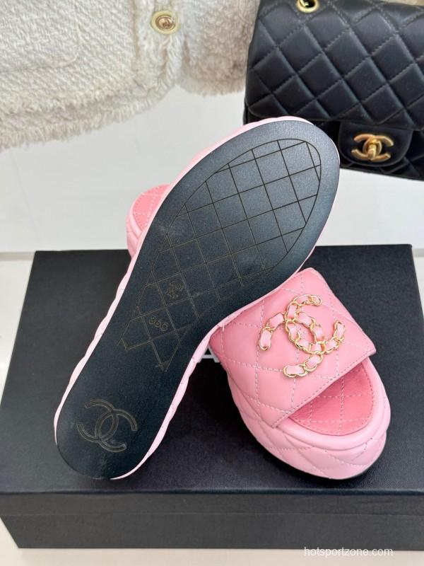 2025 Women Chanel Pink Leather Platform Slide Sandals