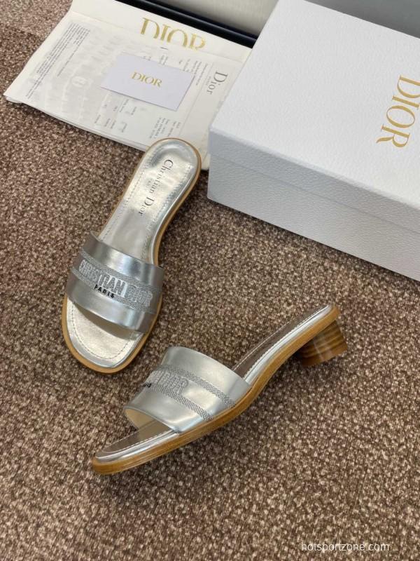 2025 Women Dior Silver Leather Slippers CD Logo KFY00300