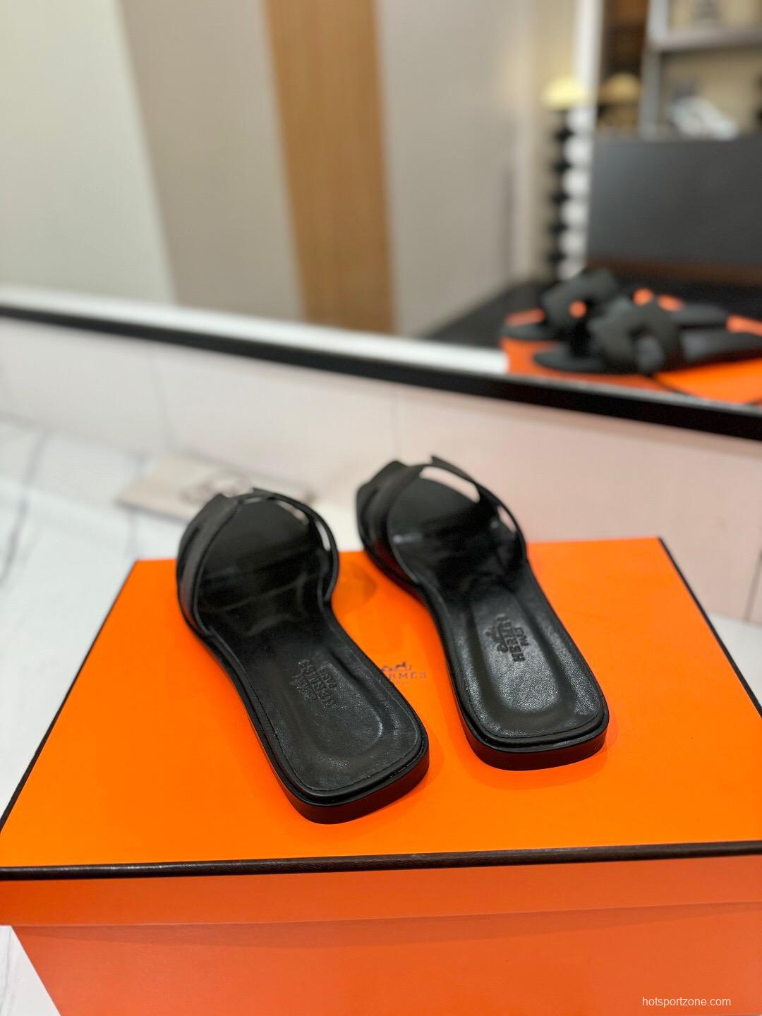 2025 Women Hermès Black Leather Slippers