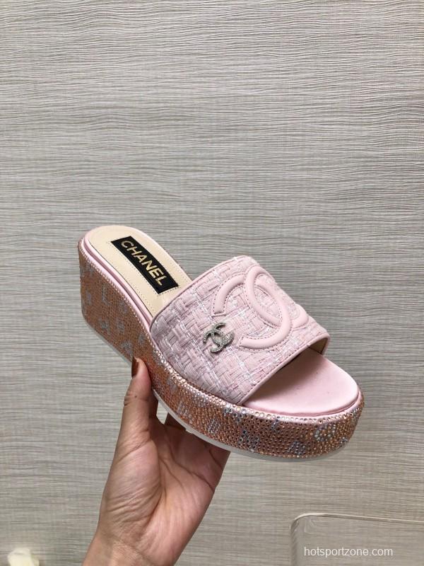 2025 Women Chanel Pink Tweed Platform Slippers LY00320
