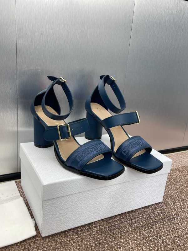 2025 Women Dior Navy Blue Leather Sandals Ankle Strap KFY00310
