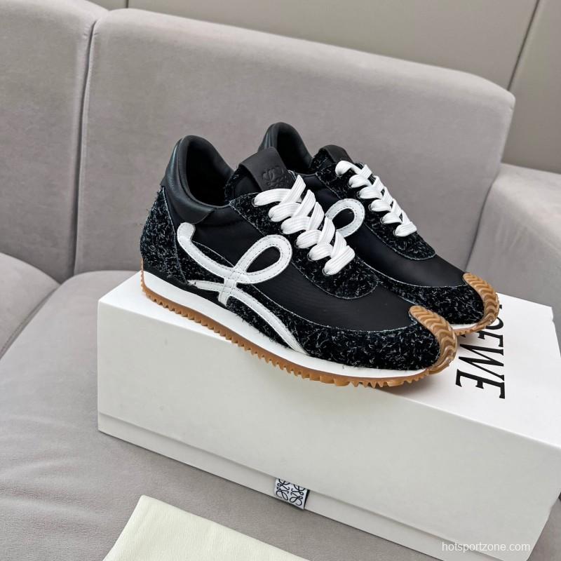 2025 Women Loewe Black White Leather Fabric Sneakers