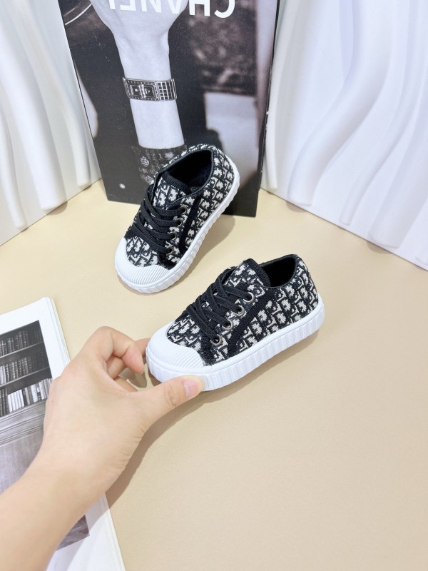 2024 Kids CHANEL Gray Beige Black Canvas Sneakers