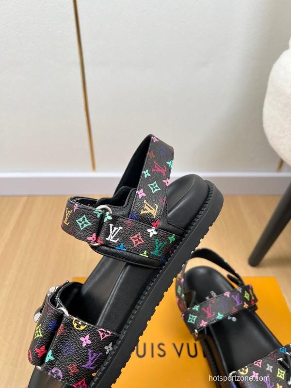 2025 Women Louis Vuitton Black Multicolor Canvas Sandals