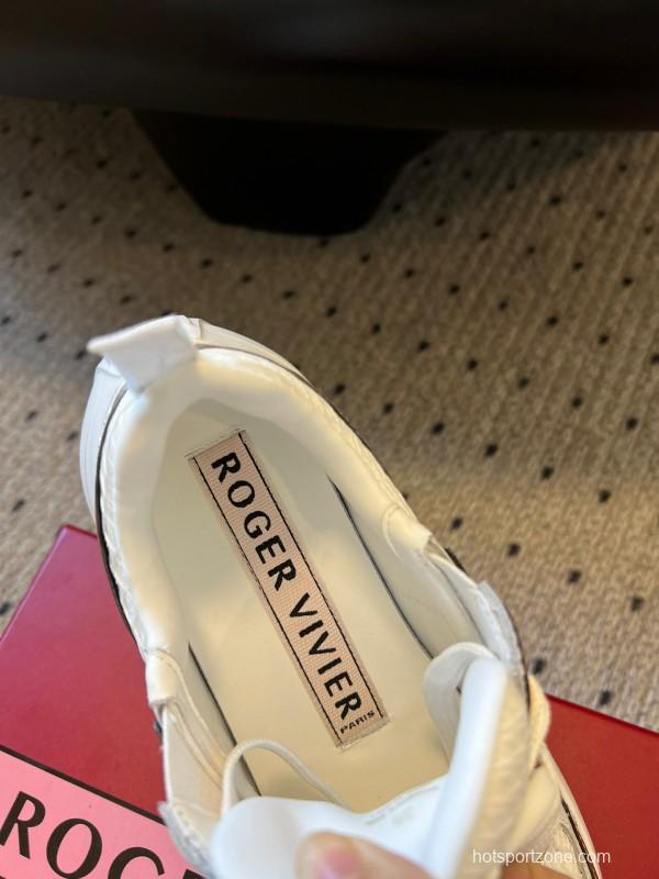 2025 Women Roger Vivier White Pink Leather Mesh Sneakers KFY00380