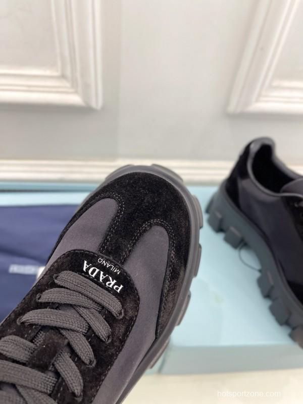 2025 Unisex Prada Black Suede Leather Sneakers KFY00310(F)/KFY00330(M)