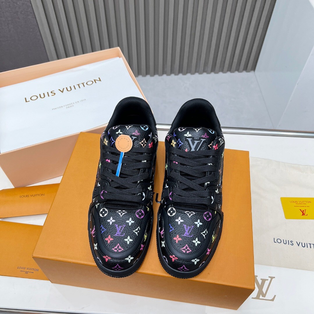 2025 Unisex Louis Vuitton Black Multicolor Leather LV Trainer Sneakers KFY00370