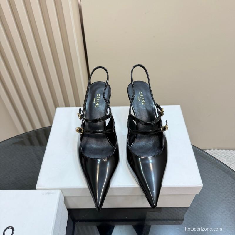 2025 Women CELINE Black Patent Leather Slingback Heels