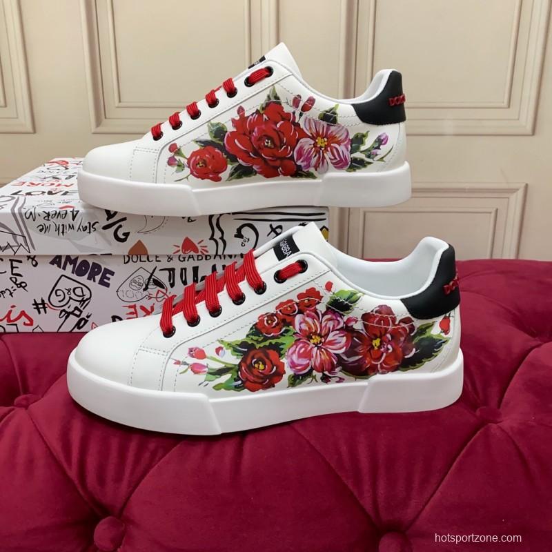 2025 Women Dolce & Gabbana White Red Leather Sneakers Floral LY00300