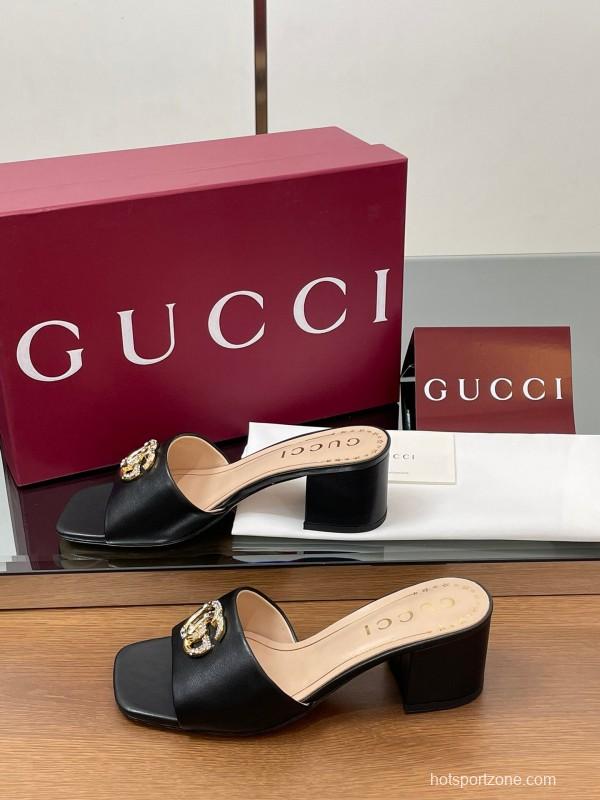 2025 Women Gucci Black Leather Slippers Crystal GG Buckle LY00280