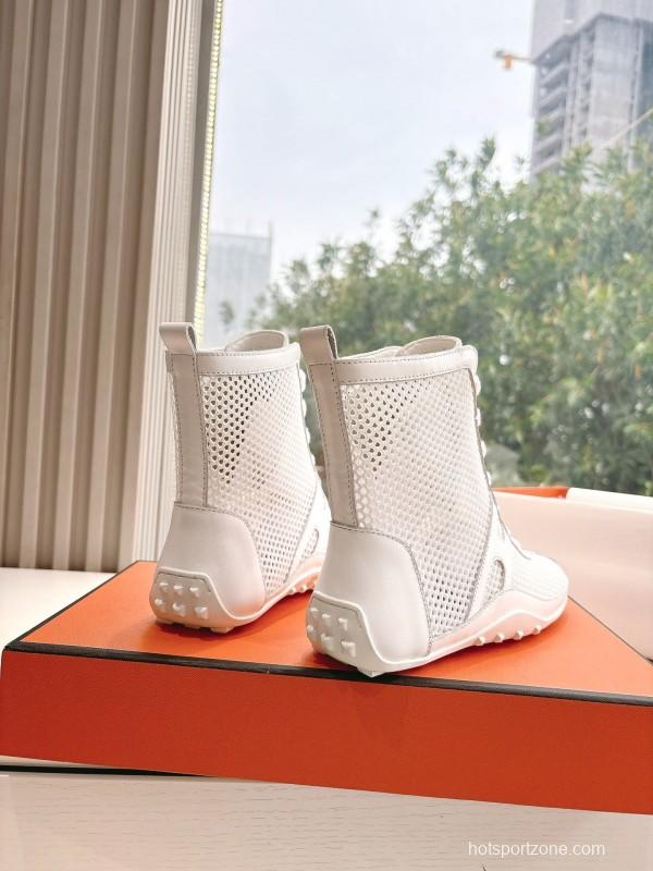2025 Women Hermès White Leather Mesh Ankle Boots