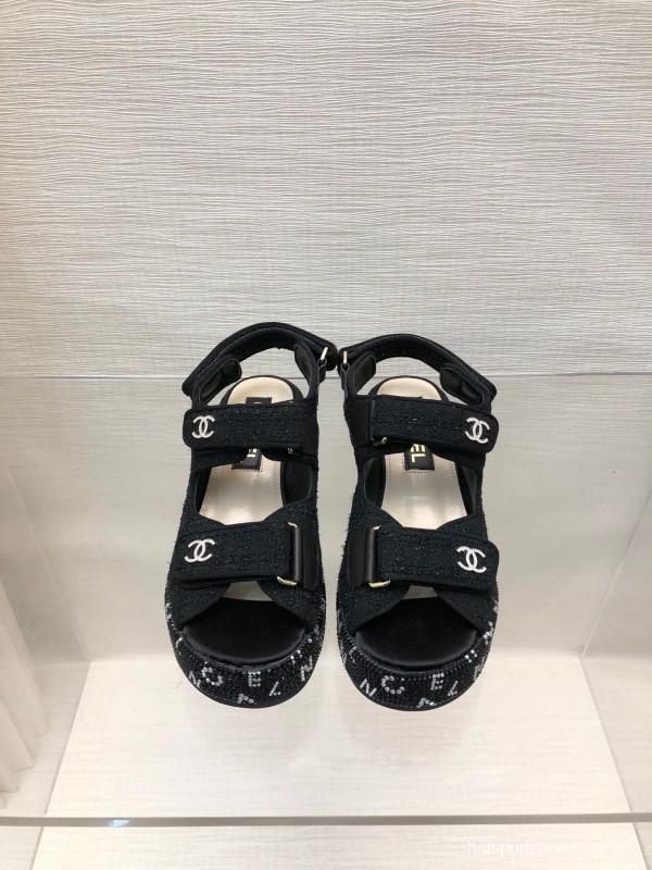 2025 Women Chanel Black Fabric Platform Sandals LY00330