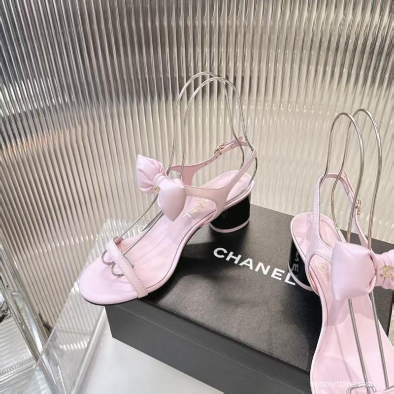 2025 Women Chanel Pink Leather Sandals Bow LY00260