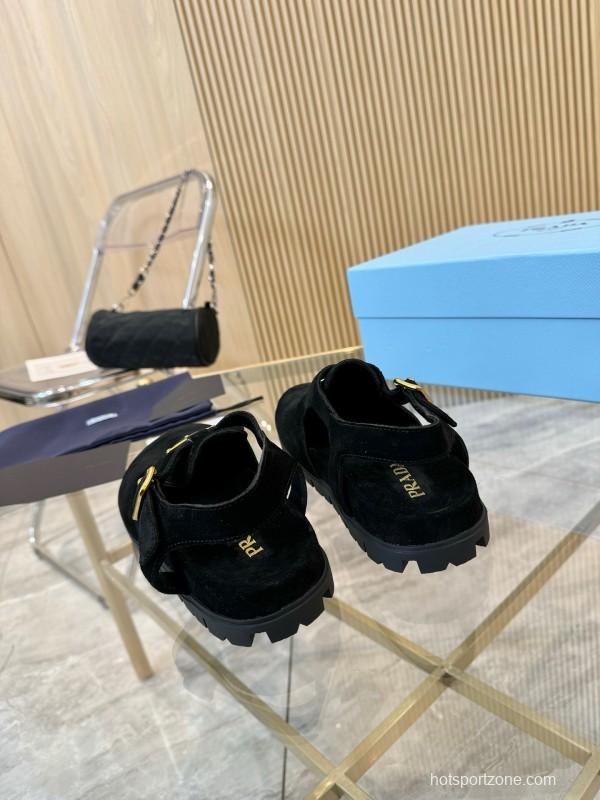 2025 Women Prada Black Suede Sandals