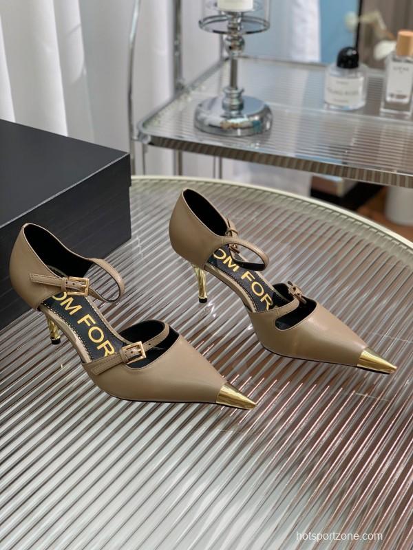 2025 Women TOM FORD Beige Leather Pointed Toe Metal Tip Pumps KFY00320