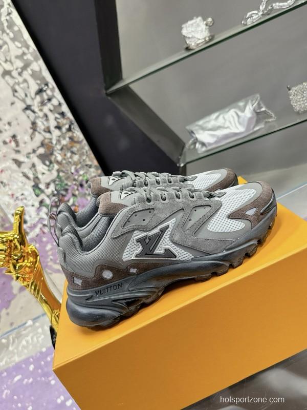 2025 Men Louis Vuitton Grey White Mesh Leather Sneakers MJ00420