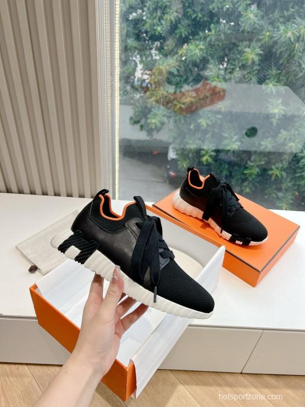 2024 Unisex Hermès Black Orange Knit Sneakers