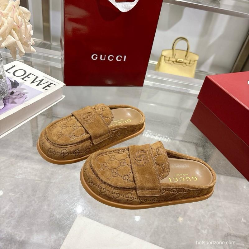 2025 Women Gucci Dark Brown Suede Loafers Embossed GG LY00270