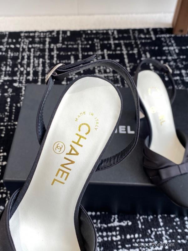 2025 Women Chanel Black Satin Leather High Heels Bow Slingback KFY00289
