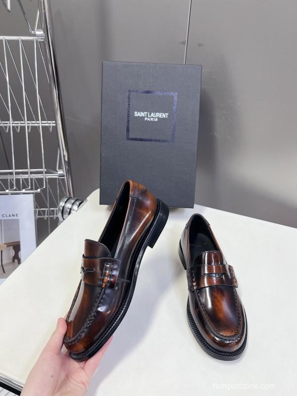 2025 Women Yves Saint Laurent Brown Leather Loafers KFY00350