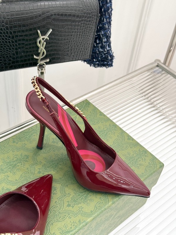 2025 Women Gucci Burgundy Patent Leather Slingback Chain High Heel KFY00300