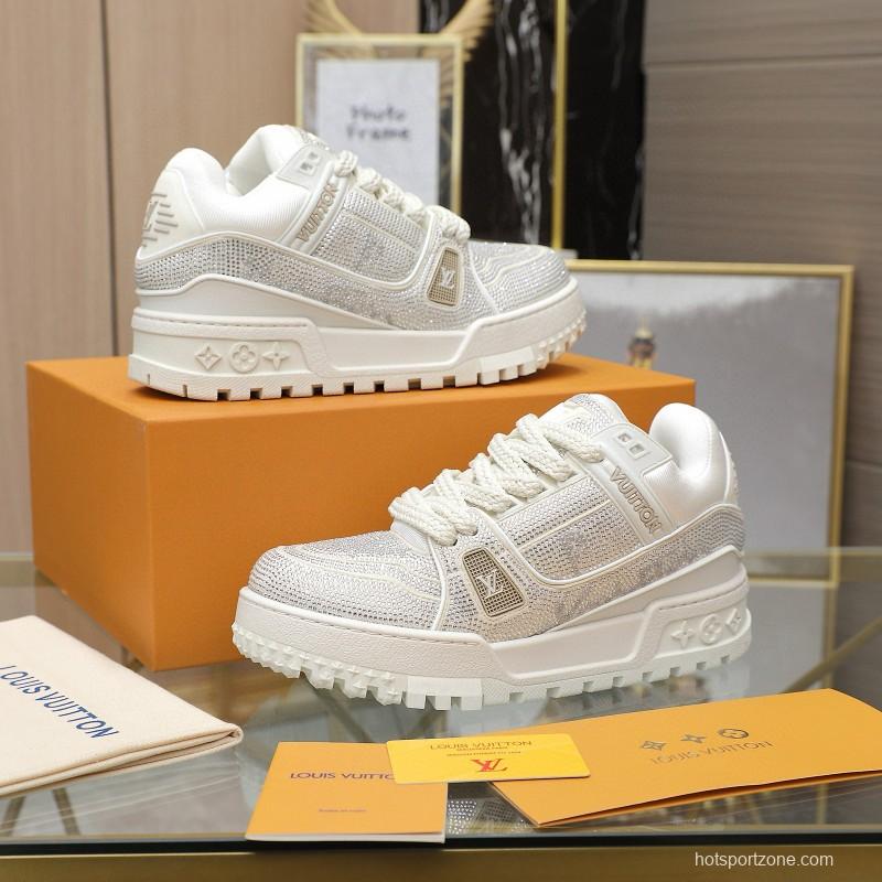 2024 Unisex Louis Vuitton White Crystal Trainer Leather Plimsolls High Temperature Pressing MJ00430