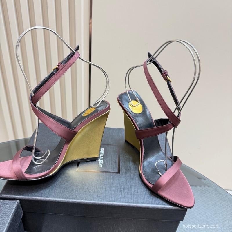 2025 Women Yves Saint Laurent Burgundy Suede Wedge Sandals Elegant Strappy Design KFY00290 (F)