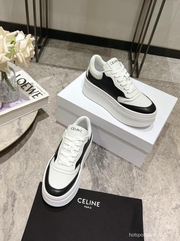 2025 Women Celine Black White Leather Platform Sneakers KFY00330