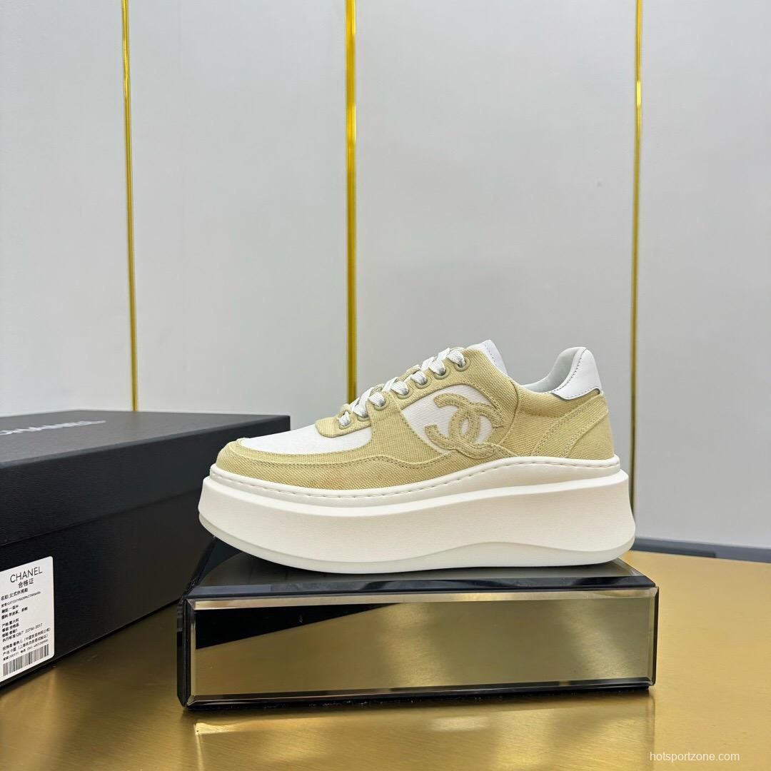 2025 Women Chanel Beige White Canvas Leather Sneakers