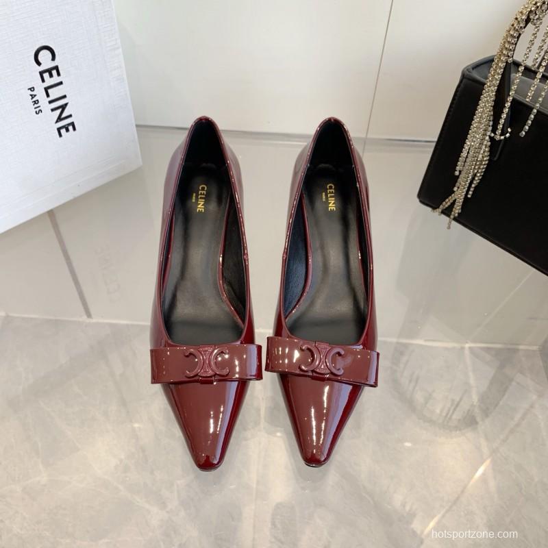 2025 Women Celine Burgundy Patent Leather Pointed Toe Pumps