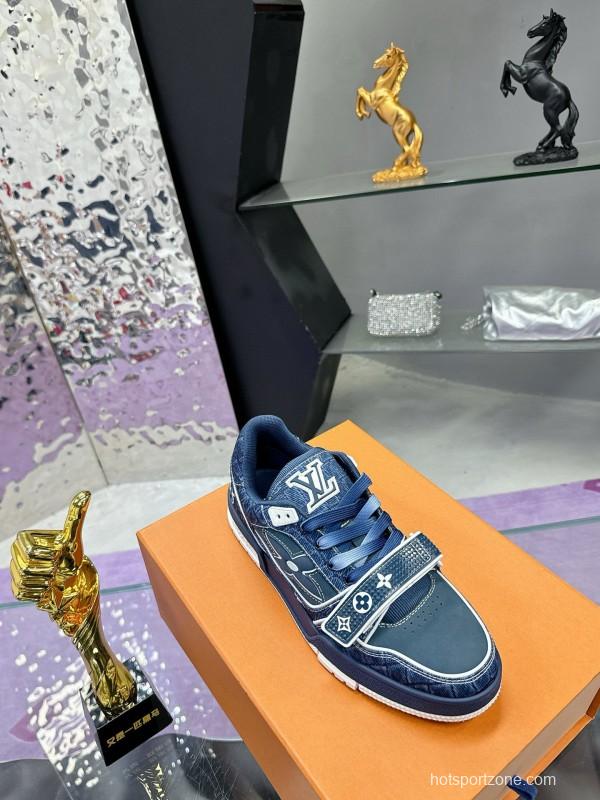 2024 Men Louis Vuitton Blue Denim Calfskin Silk Plimsolls Washed MJ00410