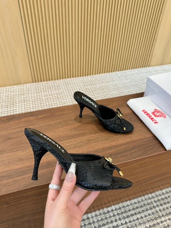 2025 Women VERSACE Black Leather Mule Heels LY00250