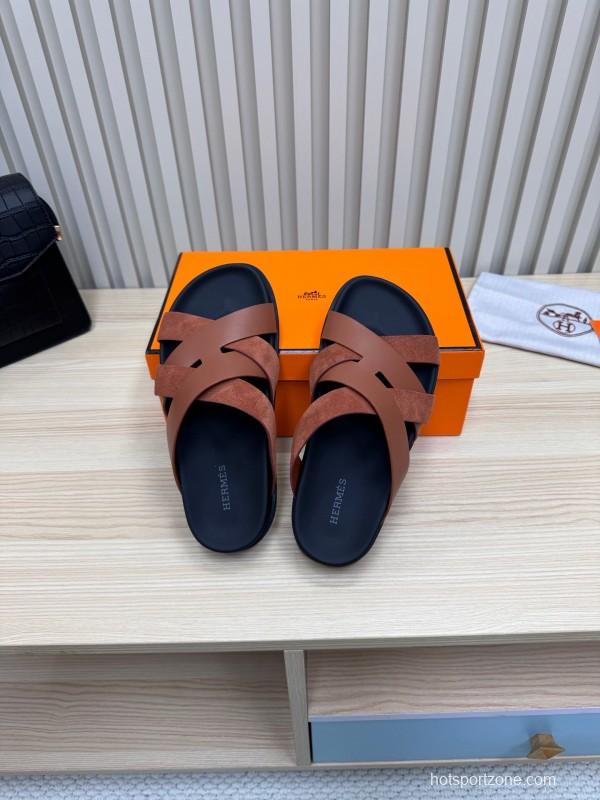 2025 Men HERMÈS Brown Leather Sandals