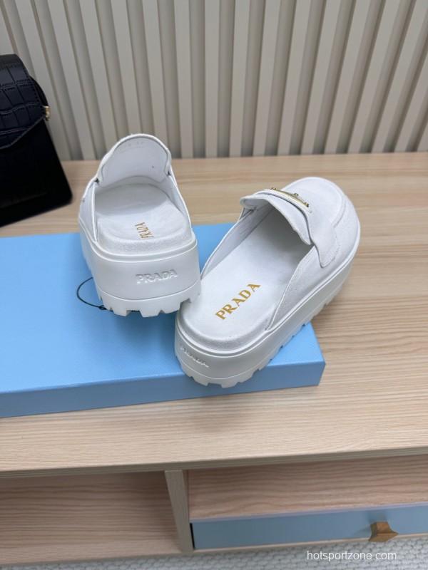 2025 Women Prada White Canvas Platform Loafers