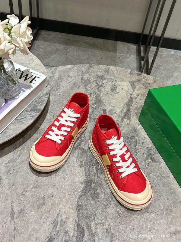 2025 Unisex Bottega Veneta Red Yellow Canvas Leather Sneakers Hand Painted KFY00260(F/M)