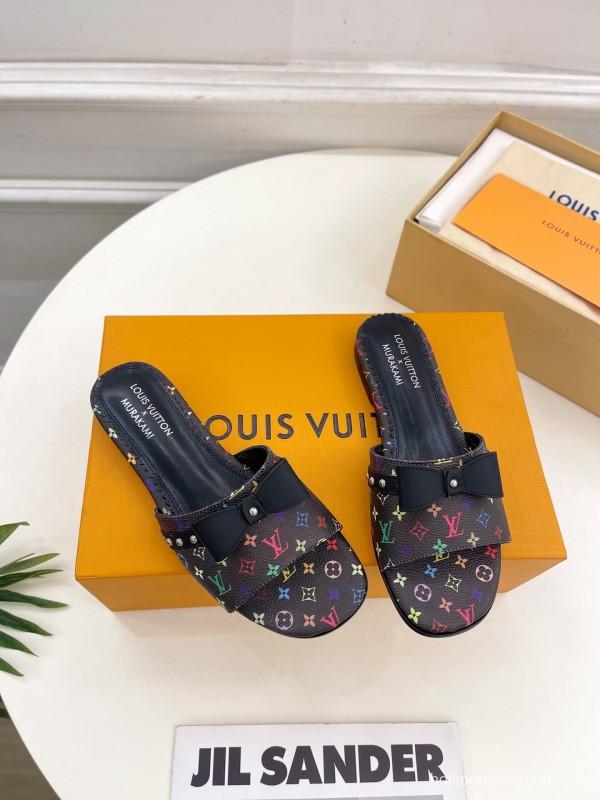 2025 Slippers Louis Vuitton Black Multicolor Monogram Leather Bow KFY00290