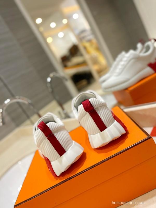 2024 Unisex Hermès White Red Black Leather Mesh Casual Sneakers