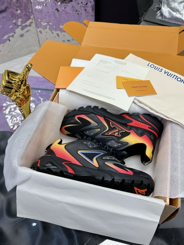 2025 Men Louis Vuitton Black Yellow Orange Mesh Leather Sneakers MJ00420