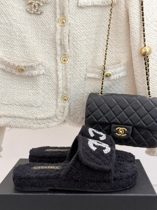 2025 Women Chanel Black Terry Cloth Slippers KFY00220