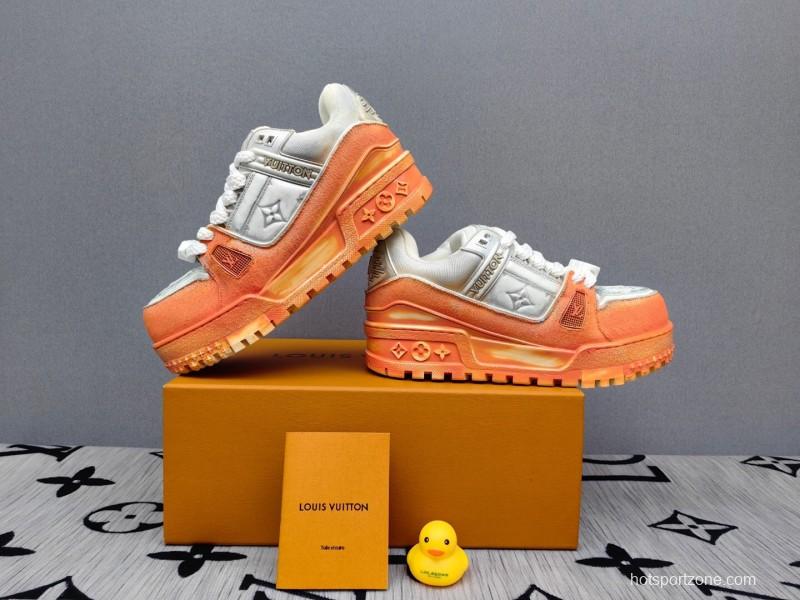 2025 Unisex Louis Vuitton Orange White Denim Leather Plimsolls Complex Wash KFY00510