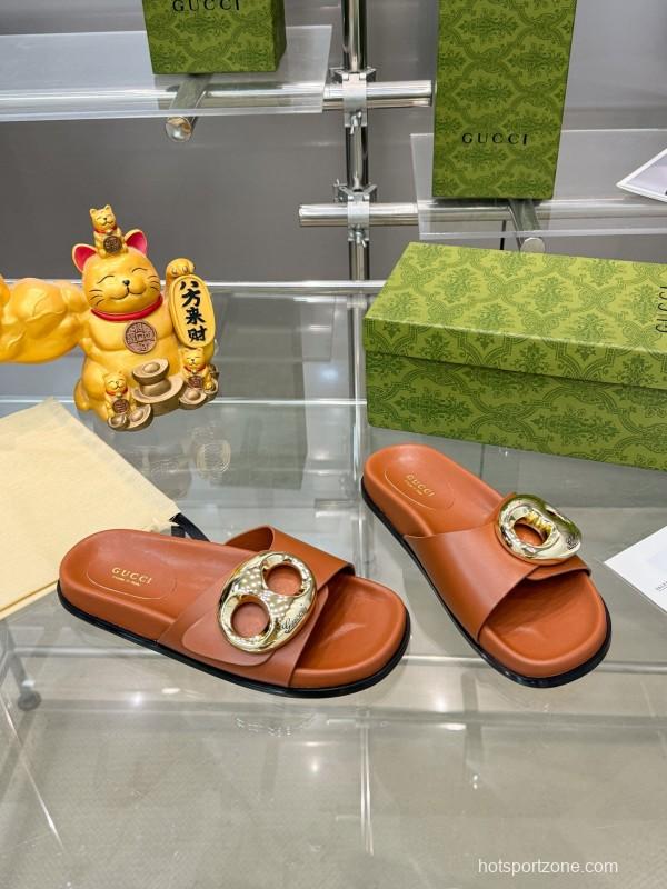 2025 Gucci Brown Leather Slippers