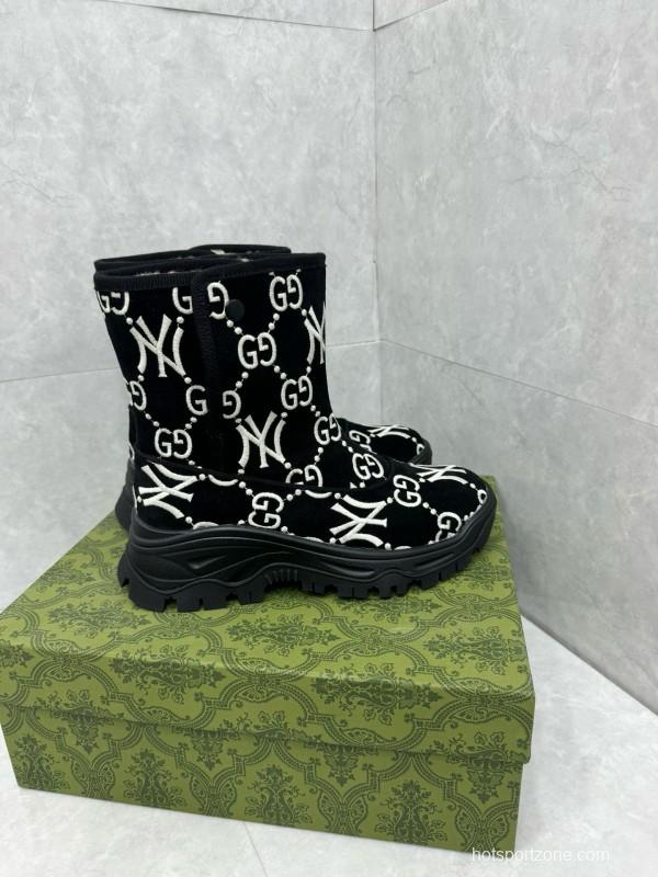 2024 Women Gucci Black White Suede Snow Boots GG NY Embroidery MJ00370