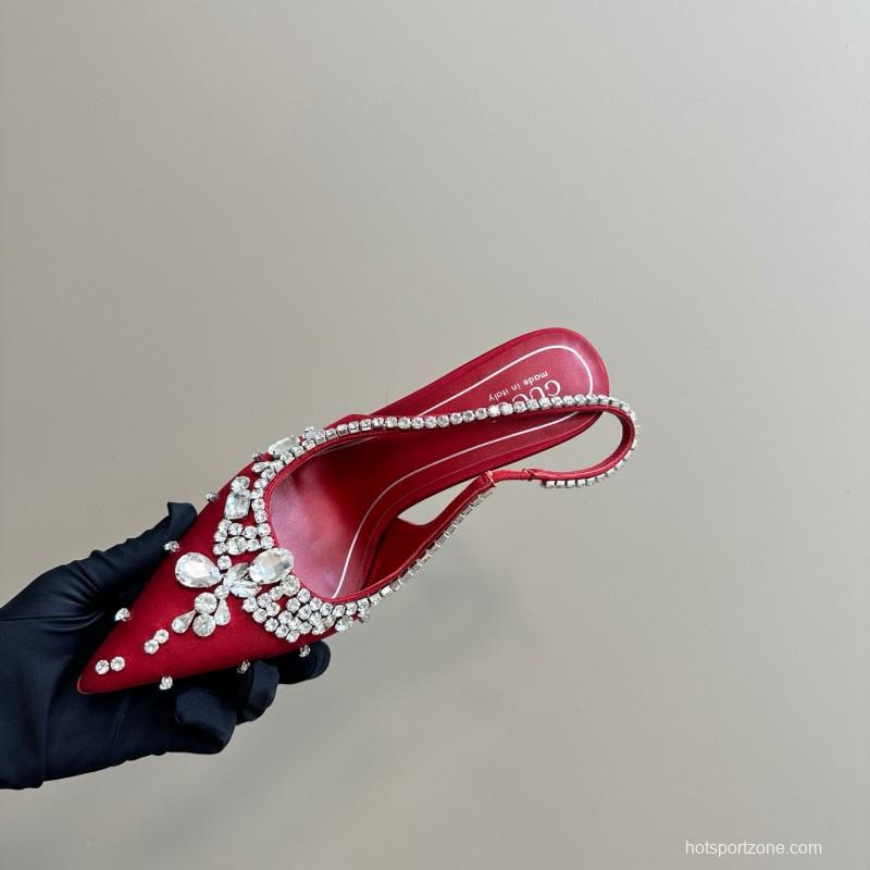 2025 Women Gucci Red Satin High Heel Slingback Crystal MJ00340