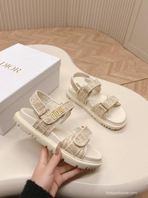 2025 Women Dior Beige Canvas Sandals Magic Tape LY