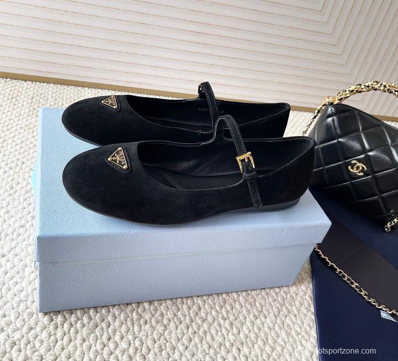 2025 Women Prada Black Suede Mary Jane Ballet Flat